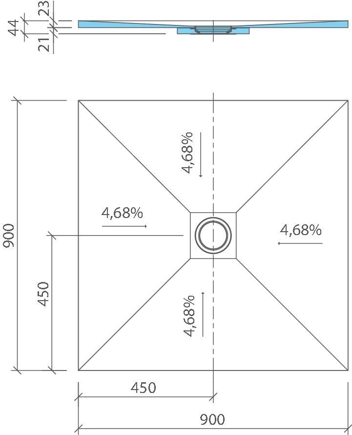 Fundo Ligno Plus receveur, écoulement centré, 900x900x23mm Réf. 072070010