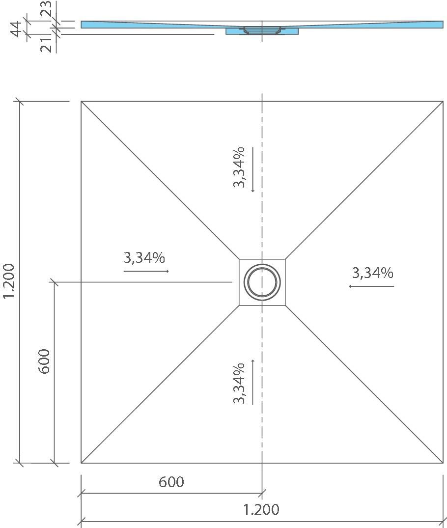 Fundo Ligno Plus receveur, écoulement centré, 1200x1200x23mm Réf. 072070017