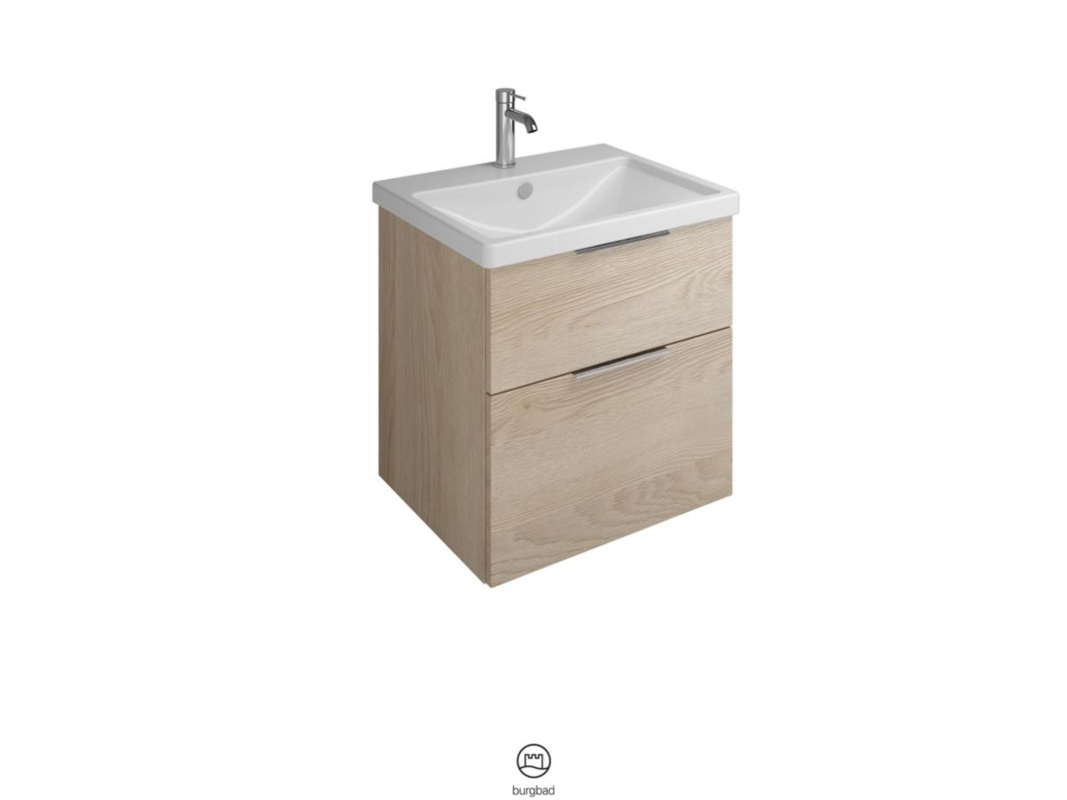 Ensemble EQIO SMART plan de toilette céramique largeur 63 cm avec meuble sous-vasque largeur 60 cm, 2 tiroirs, finition chêne decor cachemire, poignée chromé Réf. SFSQ063F3671C0001G0146