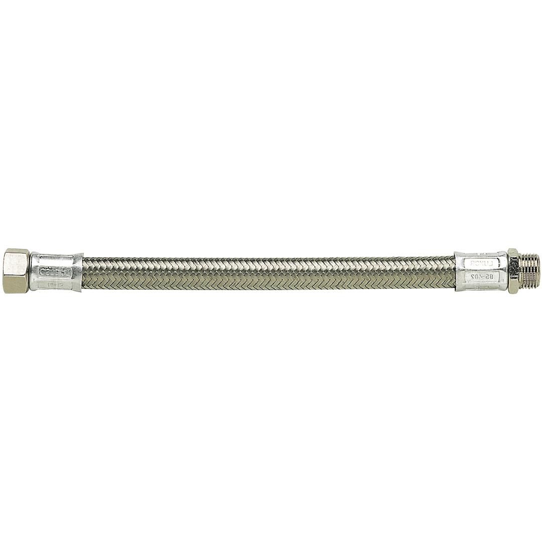 Flexible eau froide - Tresse Inox 304 - Interne Caoutchouc EPDM - Raccords Laiton nickelé Male/Femelle : 3/4" - Longueur 300 mm - Douille de sertissage en Aluminium anodisé