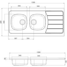 Evier à poser ISEO 1200 2 cuves inox 18/10 nu, Lisse