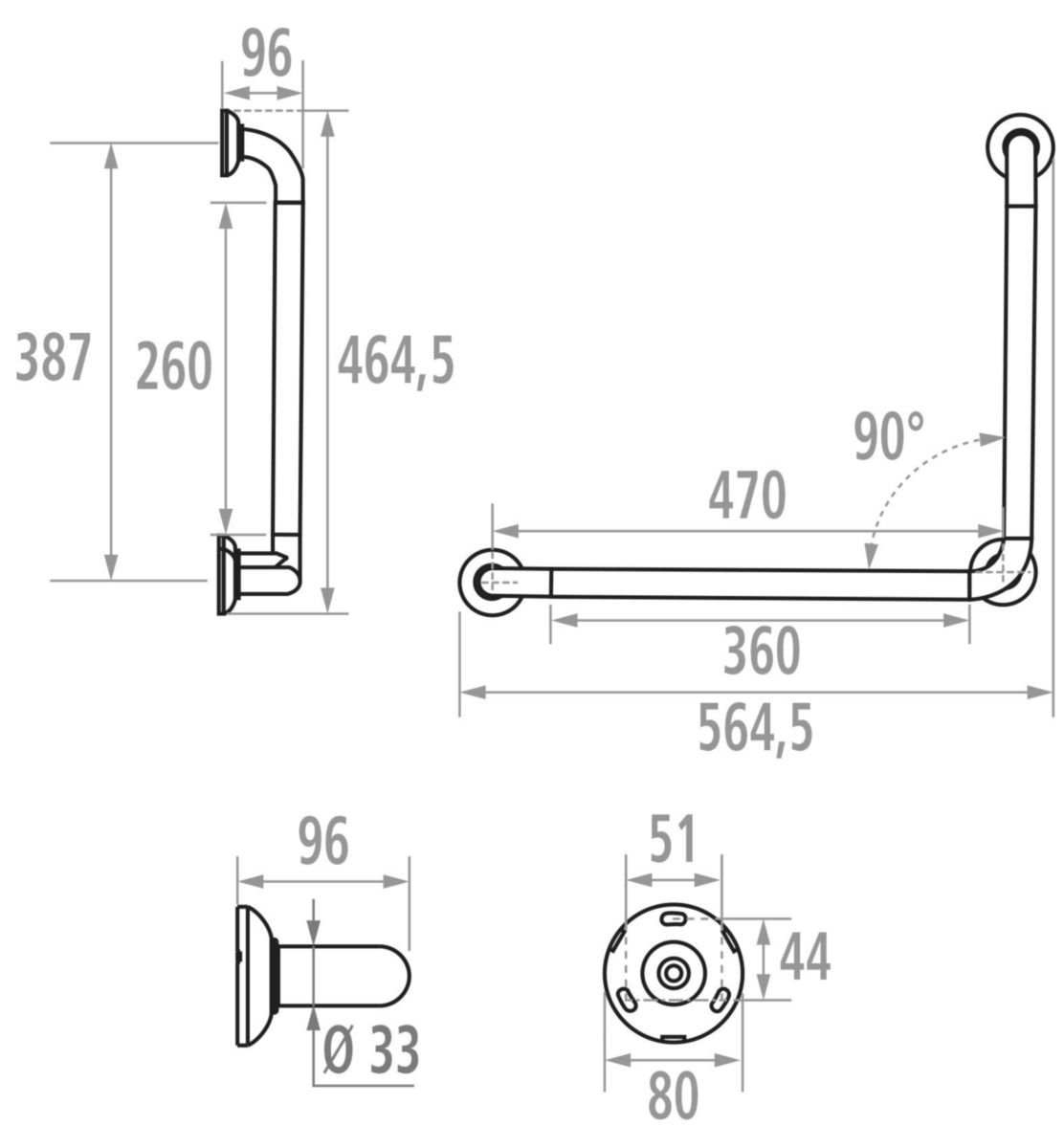 Barre de relèvement coudée angle 90° à droite 48,7 x 38,7 réf. 046270