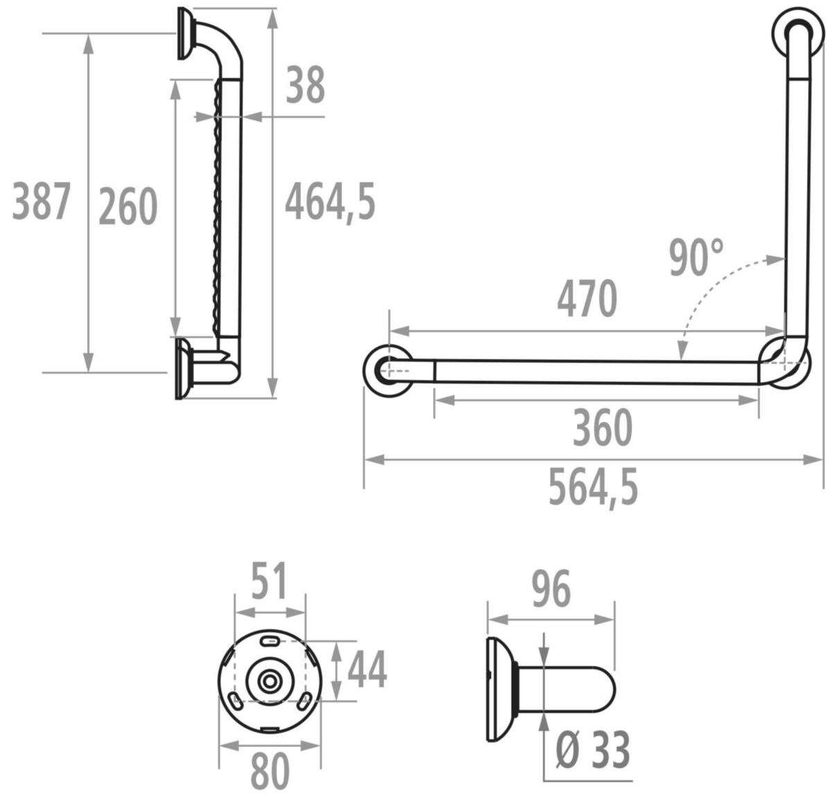 Barre d'appui coudée ergonomique en angle 90° 48,5 x 38,5 cm, profil aluminium recouvert de PVC structuré ergonomique D 33 mm, blanc réf. 046275