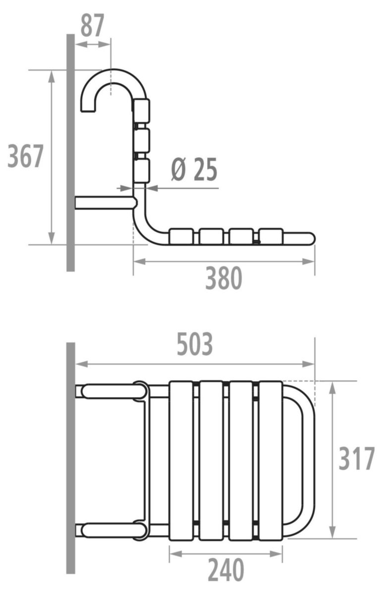 Siège de douche suspendu sur barre d'appui, tube en acier D 25 mm, lattes polypropylène, époxy blanc réf. 047534