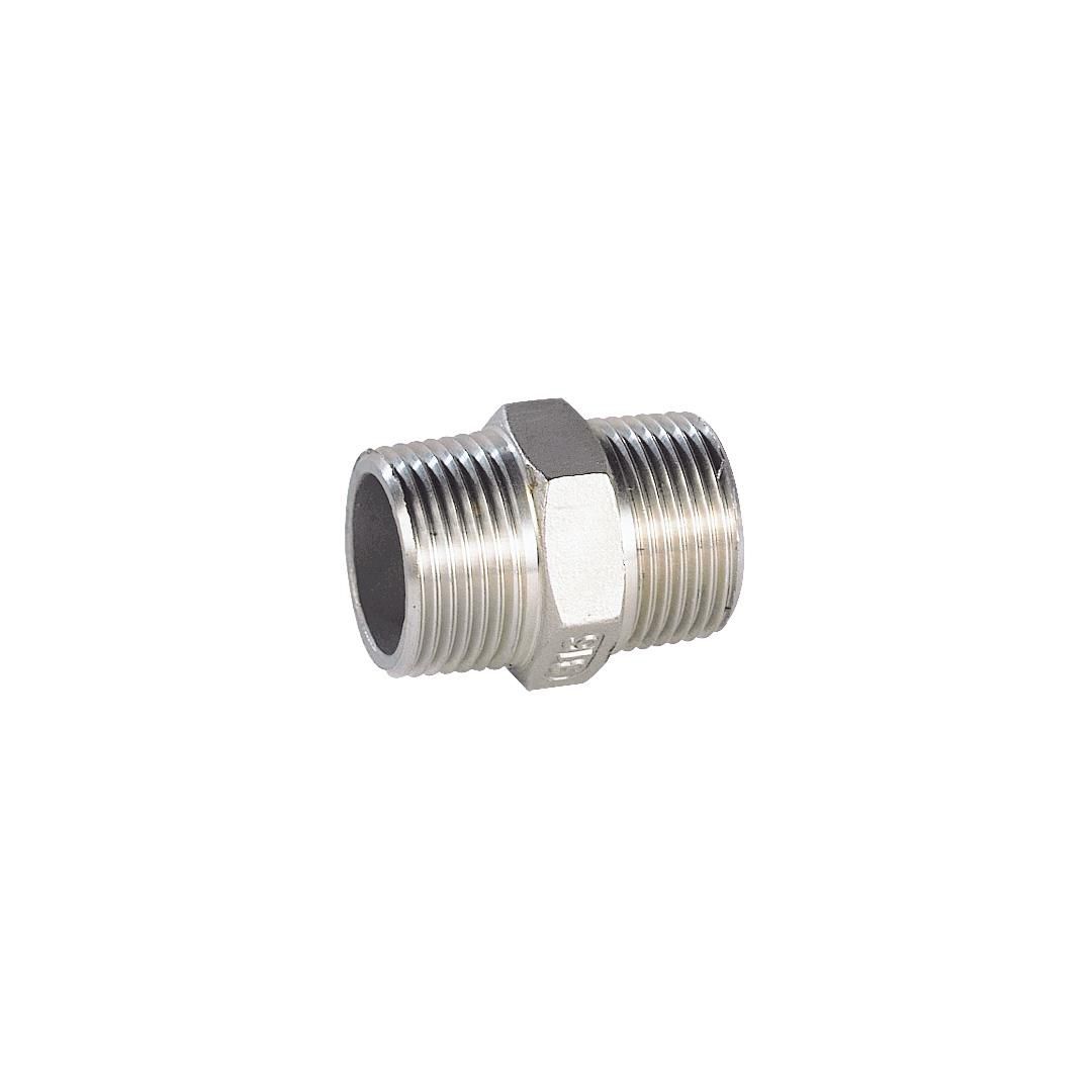 Mamelon hexagonal INOX MALE/MALE 1"1/4 - Corps Acier Inox ASTM A351 CF8M - Fabrication par procédé de cire perdue - Fileté conique Norme ISO 7/1 - Température de service : -25 °C à +180 °C - Pression de service : 20 bars