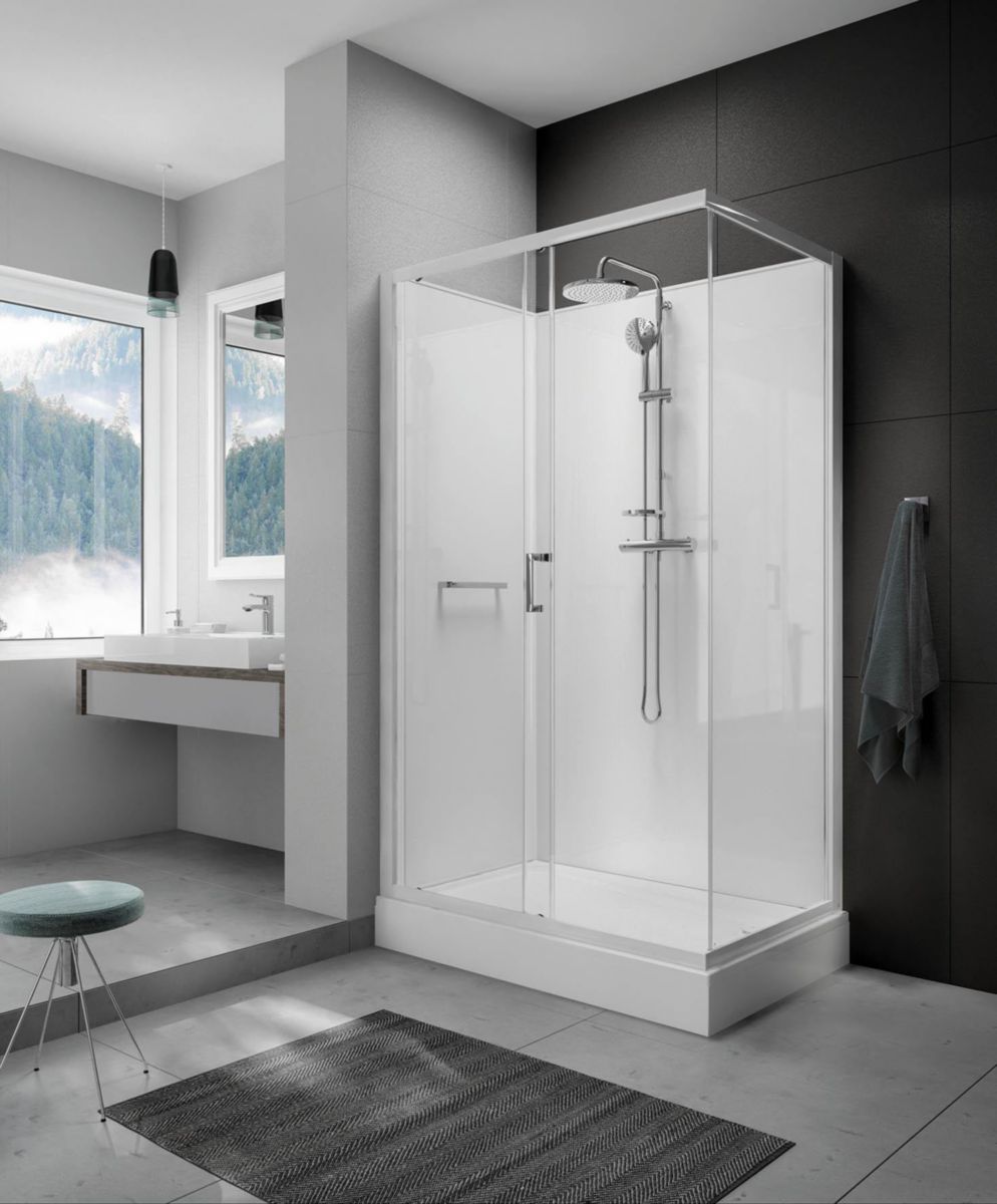 Cabine de douche KARA2 Rectangle 120X80 Porte Coulissante 2 Vantaux Acces Face Verre Transparent Version Avantage Panneaux De Fond Blanc Réf : L11KA2R0801