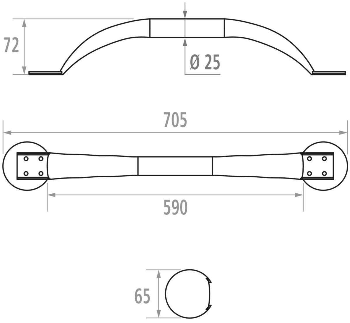 Barre d'appui droite 67 cm, tube D 25 mm, fixations invisibles, acier inoxydable, inox poli brillant réf. 049760