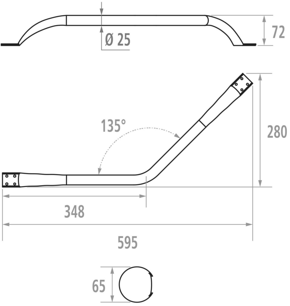 Barre d'appui coudée angle 135° symétrique, 33 x 33 cm, tube D 25 mm, fixations invisibles, acier inoxydable, inox poli brillant réf. 049790
