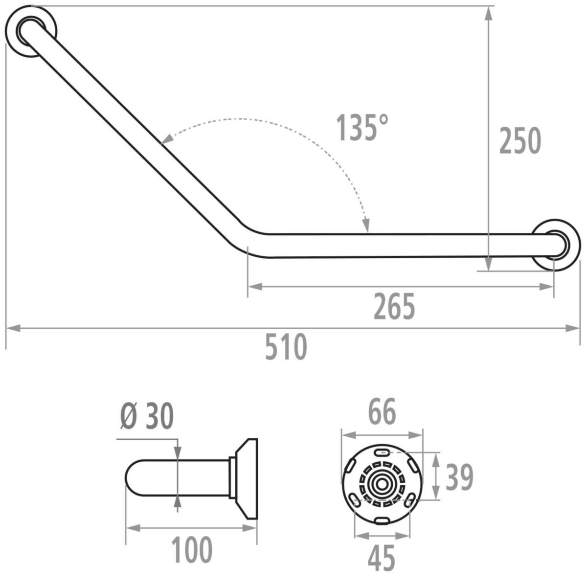 Barre d'appui coudée angle 135° symétrique, 26,5 x 26,5 cm, tube D 30 mm, fixations invisibles, acier inoxydable, inox brossé réf. 049630