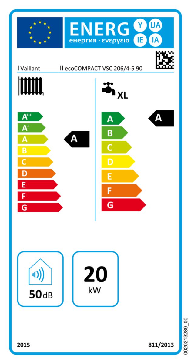 Chaudière à condensation au sol ecoCOMPACT VSC 206 / 4 - 5 90 (avec Eau Chaude Sanitaire 90 L) Classe énergétique A 10015708 réf. 0010015708