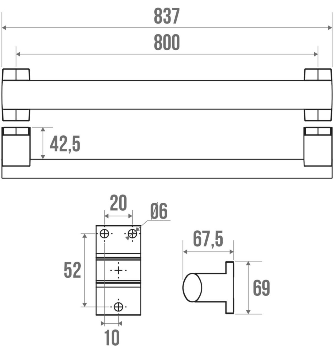 Barre d'appui Arsis, 800 mm, tube elliptique 38 x 25 mm aluminium époxy blanc, cache-fixations chromé réf. 049980