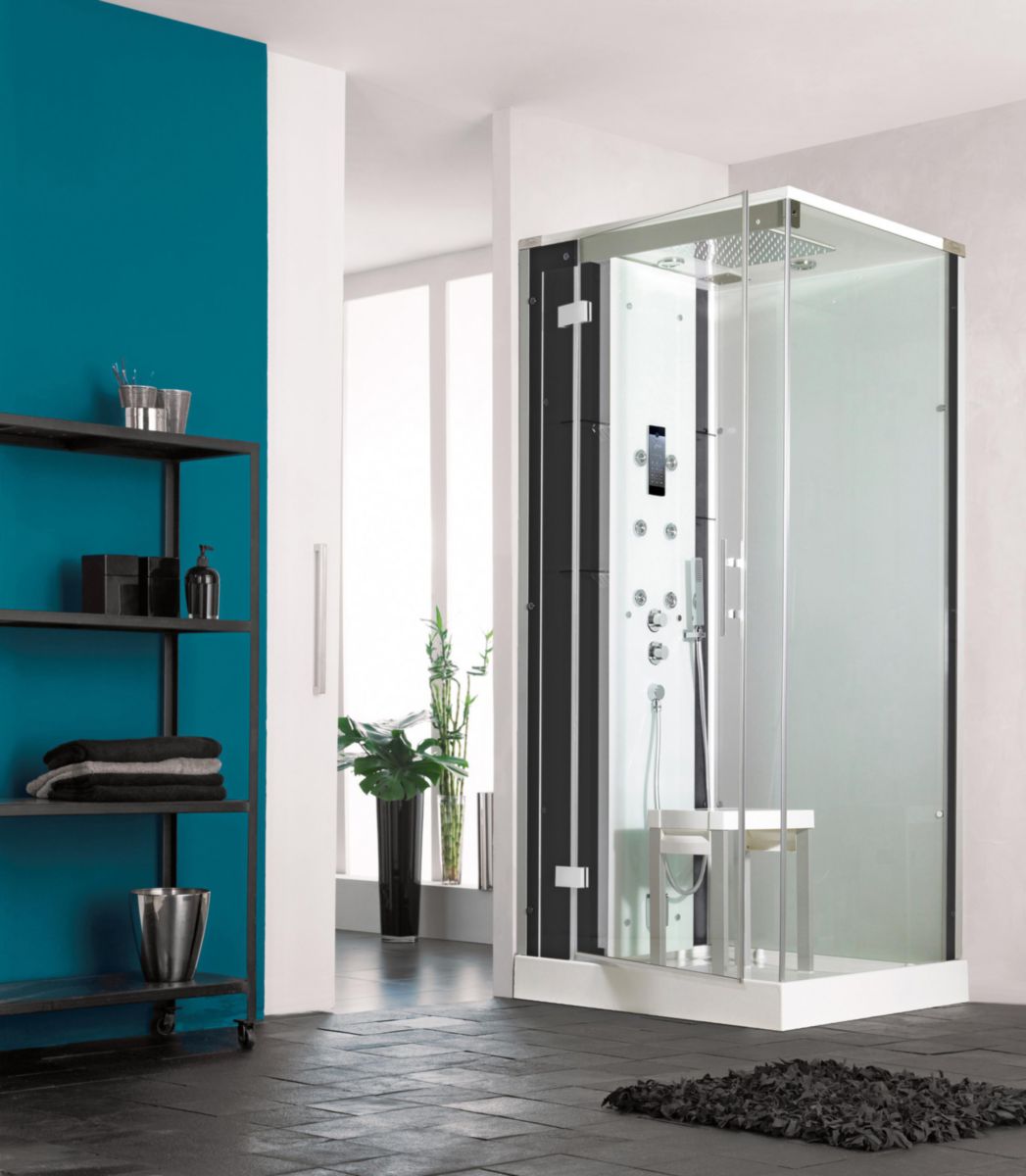 Cabine de douche HORIZON2 receveur bas ouverture pivotante 90X90 carrée hammam couleur perle noire réf. CMH137N12