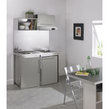 Meuble bas cuisinette METALLINE 120 cm  1 porte avec niche pour réfrigérateur 55 cm, Coloris Aluminium