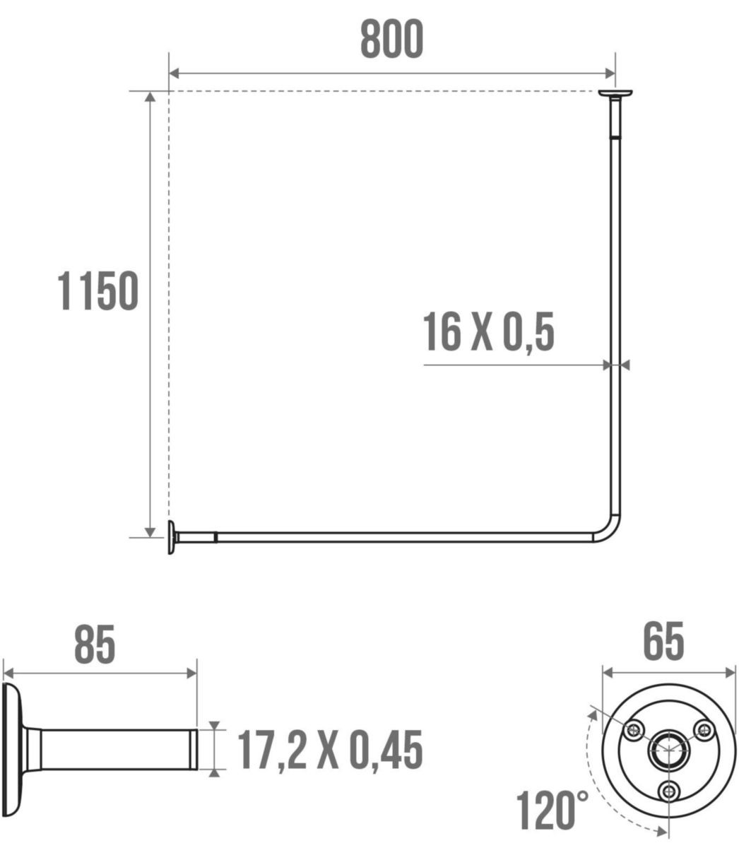 Porte-rideau de douche angle 115 x 80 avec 2 rosaces coulissantes Chromé réf. 004115