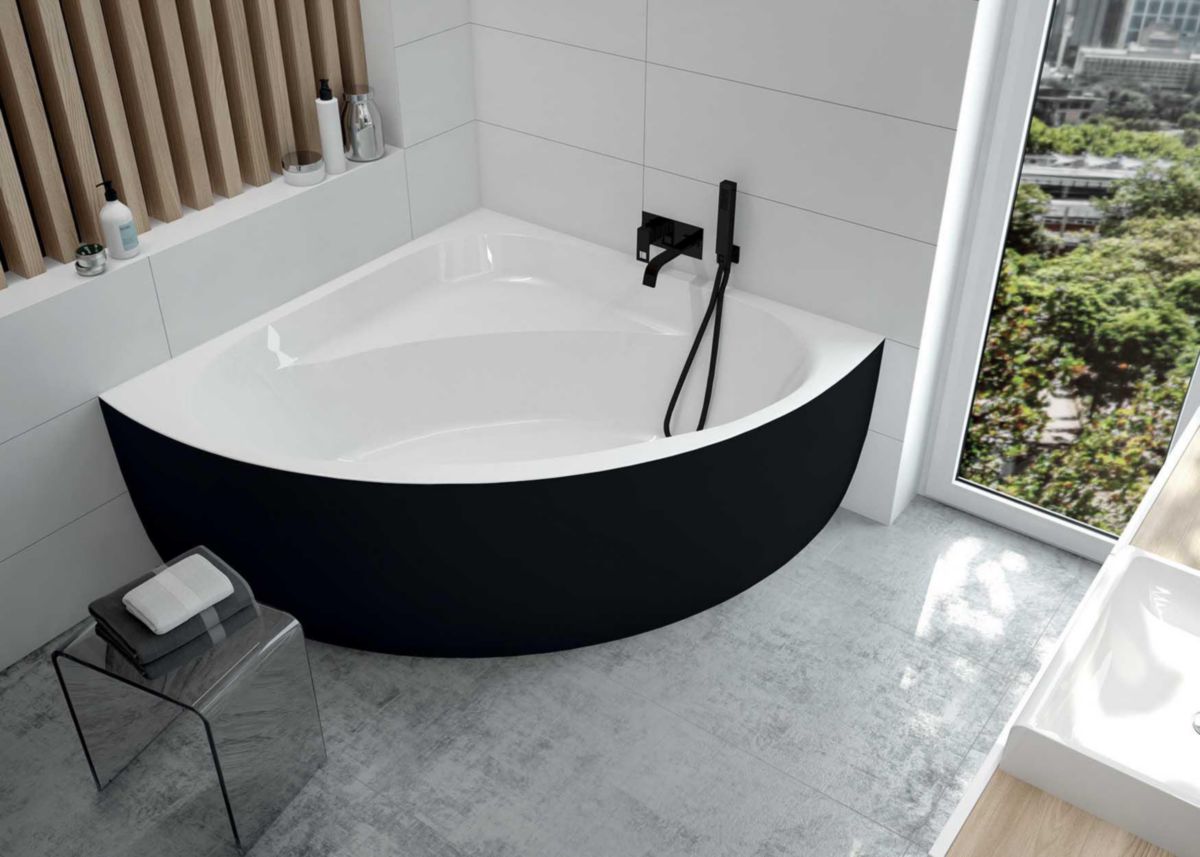 Baignoire Monobloc En Acrylique Sanitaire Greta Monoline 1/4 De Rond 145X145 Tablier Noir Vidage Standard Réf : L16GRQ01451