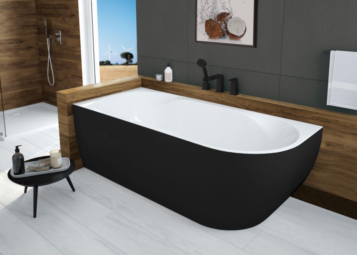 Baignoire Monobloc En Acrylique Sanitaire Selena Asymetrique Version Gauche 180X80 Cm Tablier Noir Réf : L16SEA1880G1