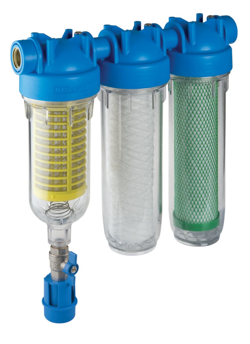 Station de filtration triple RAINMASTER TRIO RAH CB 1" - Composée d'un TRIPLE porte filtre et de d'une cartouche filtrante RAH Inox de 90µ + FA10SX  25µ et un cartouche CB pour réduction des VOC