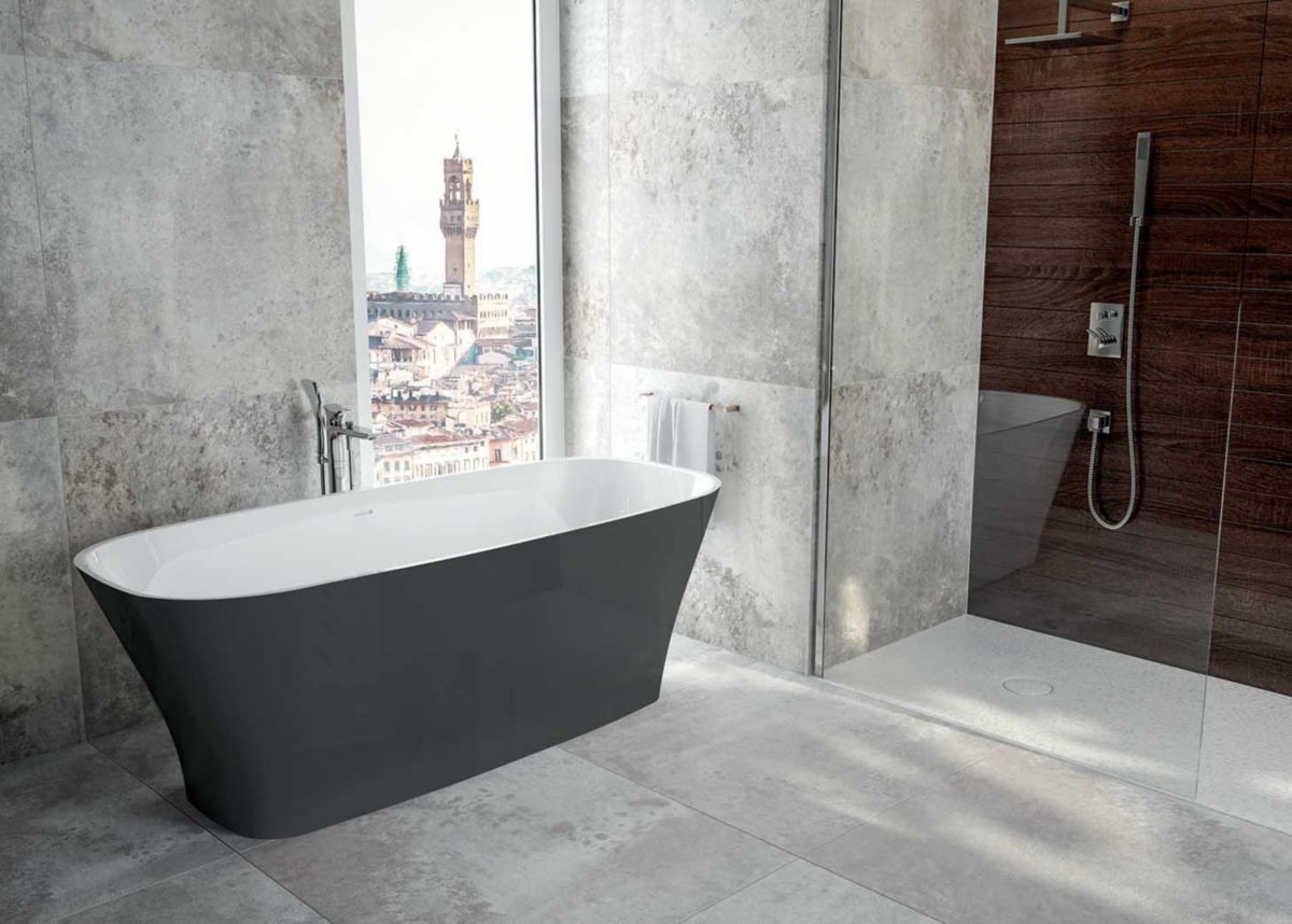 Baignoire Ovale Independante En Beton Mineral Greta Mineral Ilot 80X180 Cm Bicolore Blanc Tablier Gris Réf : L16GM18807