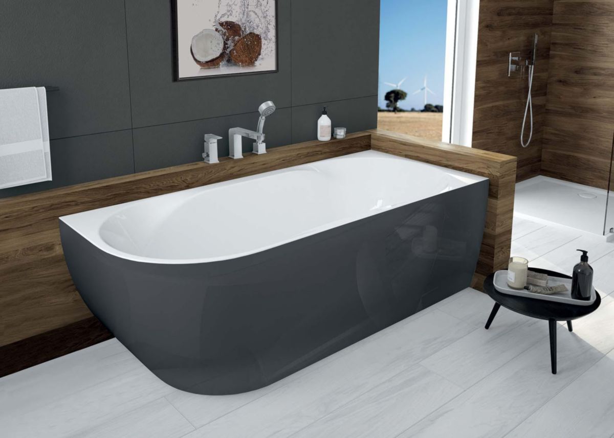 Baignoire Monobloc En Acrylique Sanitaire Selena Asymetrique Version Droite 180X80 Cm Tablier Gris Réf : L16SEA1880D7