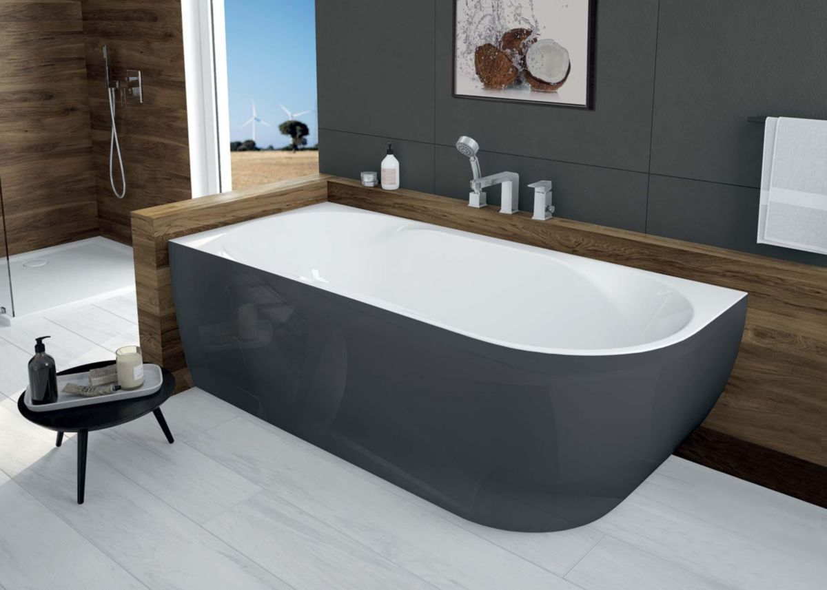 Baignoire Monobloc En Acrylique Sanitaire Selena Asymetrique Version Gauche 180X80 Cm Tablier Gris Réf : L16SEA1880G7