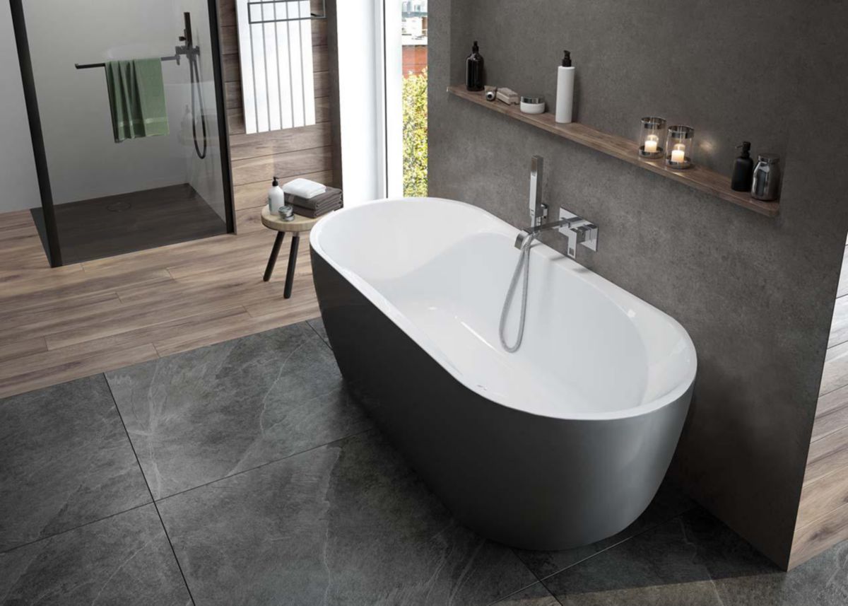 Baignoire Monobloc Independante En Acrylique Sanitaire Selena Ilot 180X80 Cm Tablier Gris Réf : L16SEI18807