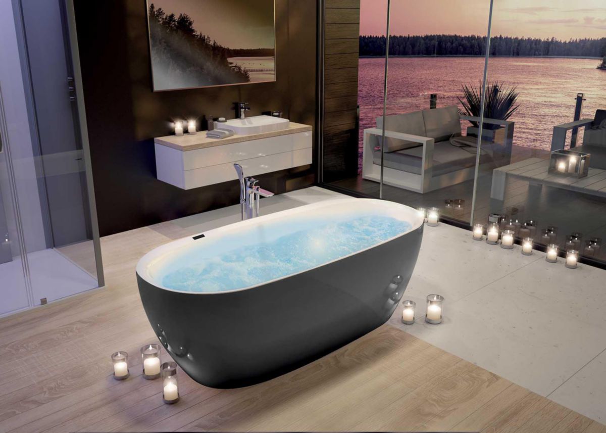 Baignoire En Acrylique Sanitaire Isensi Ovale Monobloc 170X75 Cm Blanc Tablier Gris Réf : 3844.112