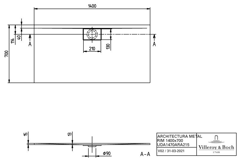 Receveur Architectura MetalRim rectangulaire 1400x700x15 réf UDA1470ARA215V01