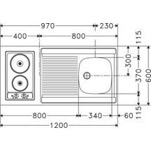 Recouvrement OCEAN PLANBASIC 1200E, 120 x 60 cm, 1 cuve, réversible, vidage manuel, découpe pour 2 plaques électriques, plan inox réf. 083123