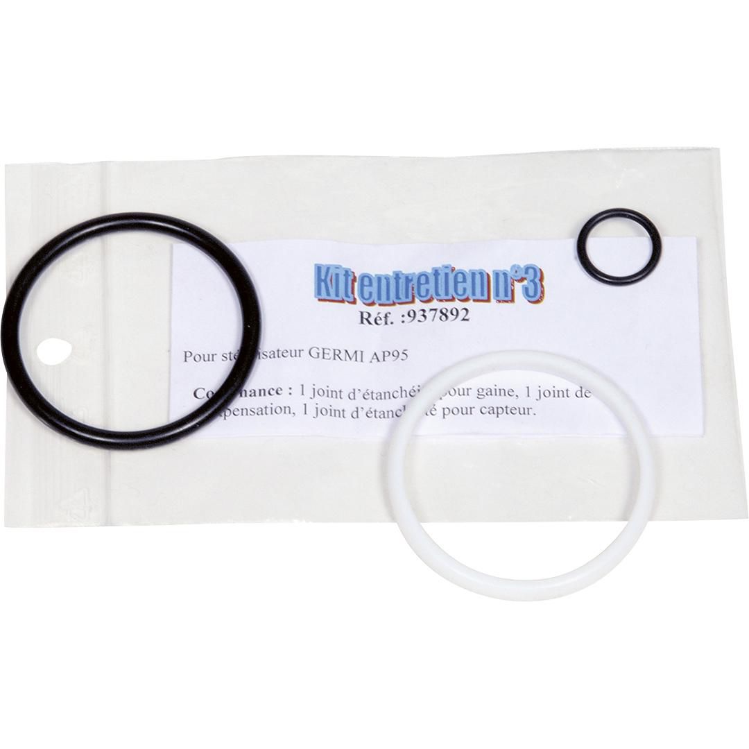 Kit d'entretien N°3 pour filtre UV GERMI AP95 - Contient : 1 joint d'étanchéité pour gaine quartz, 1 bague de compensation pour gaine et 1 joint d'étanchéité capteur