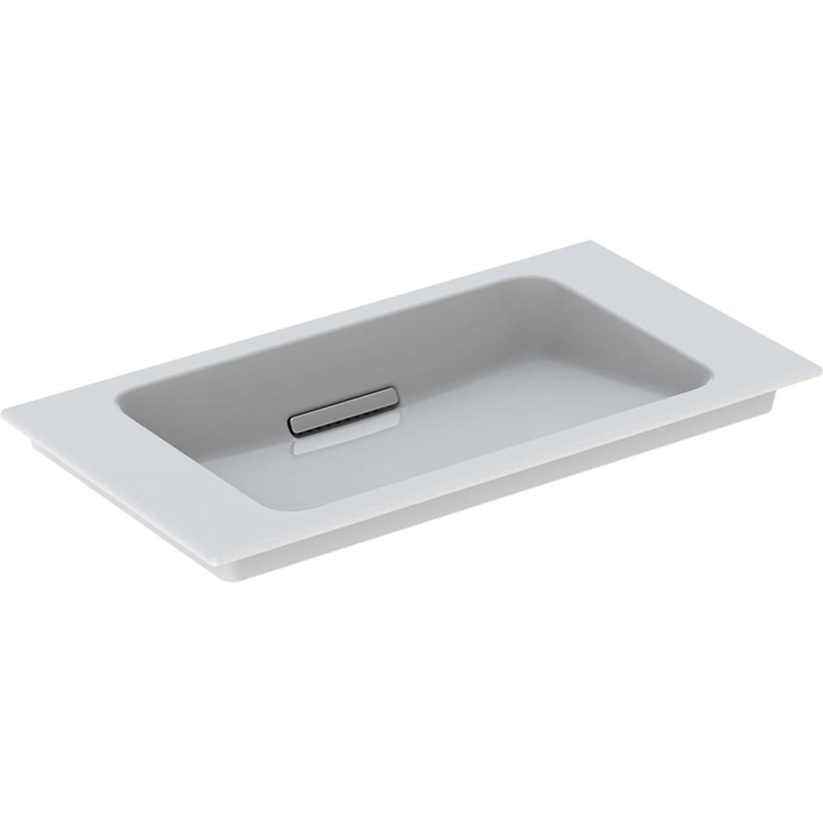 Lavabo pour meuble Geberit ONE sortie horizontale, compact, 75x40cm, sans trou de robinetterie, trop-plein dissimulé, blanc, KeraTect, chromé brillant Réf. 500.391.01.1