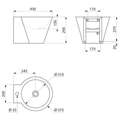 Lavabo suspendu inox MINI BAILA trou robinetterie Ø35 sans trop plein finition noir mat Réf. 121180BK