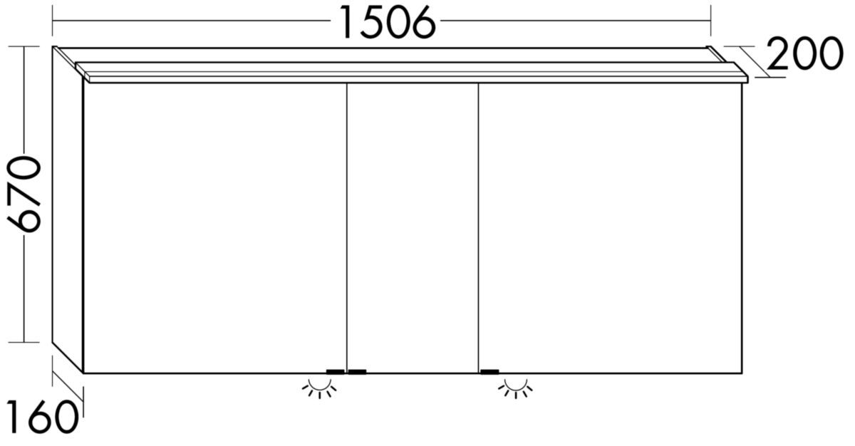 Armoire de toilette FREE 150 cm avec portes miroirs doubles lampe à poser LED, 4200 KCl. Ebloc interrupteur/prise, 1 prise double étagères en verre côtés extérieur du caisson avec miroir intérieur de caisson ferrage droit Réf.SPKD150D