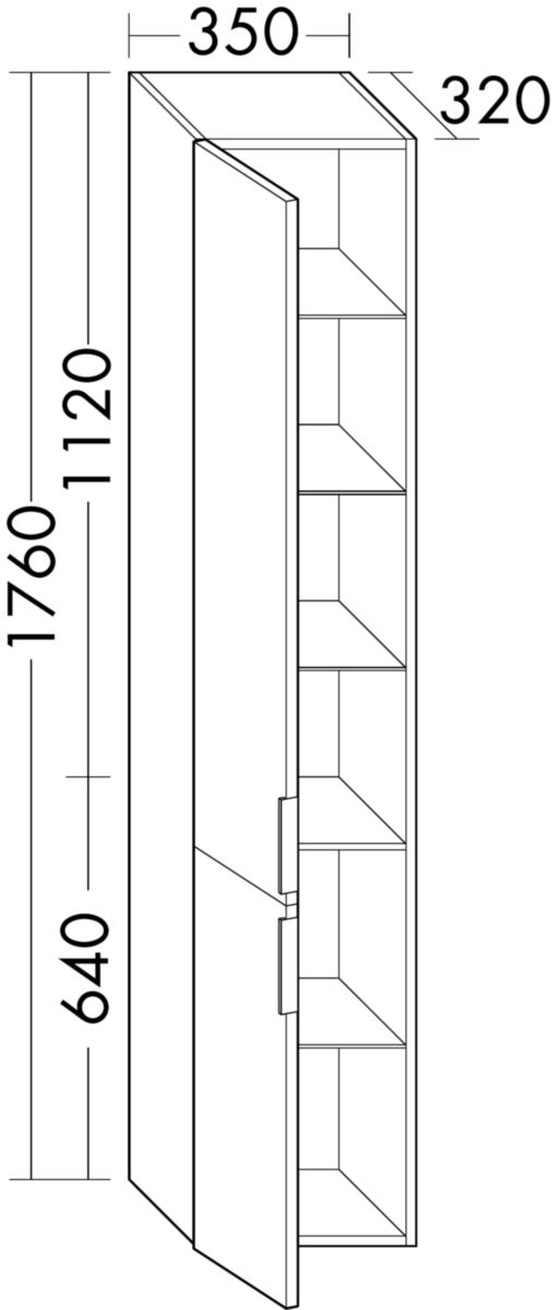 Colonne EQIO SMART hauteur 176 cm, largeur 35 cm, profondeur 29.8 cm avec 2 portes, 4 étagères verres, 1 étagère fixe, charnière gauche, finition blanc brillant, poignée chromée Réf. HSFB035GF3666G0146