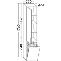 Colonne EQIO SMART hauteur 176 cm, largeur 35 cm, profondeur 29.8 cm avec 1 porte, 1 panier à linge basculant, 3 étagères verres, 1 étagère fixe, charnière droite, finition frassino décor cappuccino, poignée noir Réf. HSFC035DF3665G0200