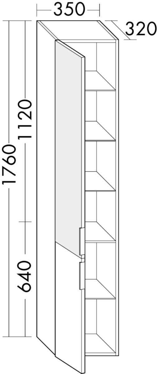 Colonne EQIO SMART hauteur 176 cm, largeur 35 cm, profondeur 29.8 cm avec 2 portes, 1 porte en haut façade miroir, 1 porte en bas, 4 étagères verres, 1 étagère fixe, charnière gauche, finition blanc brillant, poignée chromée Réf. HSKW035GF3666G0146