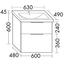 Ensemble EQIO SMART plan de toilette céramique largeur 63 cm avec meuble sous-vasque largeur 60 cm, 2 tiroirs, finition chêne decor cachemire, poignée chromé Réf. SFSQ063F3671C0001G0146