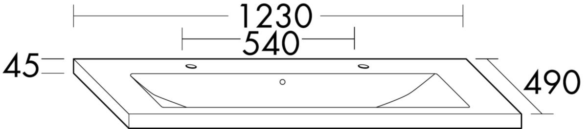 Plan de toilette en céramique : 2 trous de robinetterie, profondeur de la vasque: 130 mm, dimensions de la vasque 970x340 mm, avec système d'évacuation compris, siphon gain de place inclus Réf. SFQS123C0001