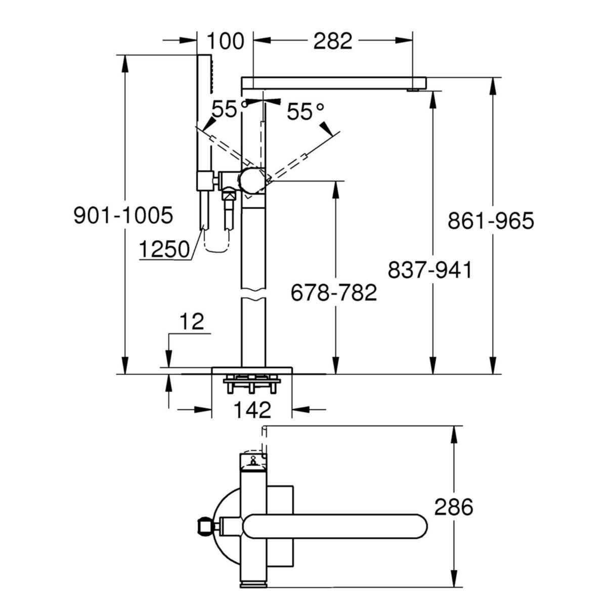 Mitigeur monocommande Bain/Douche 1/2" montage au sol GROHE Plus Hard Graphite brossé Réf. 23846AL3"