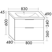 Ensemble EQIO SMART plan de toilette céramique largeur 83 cm avec meuble sous-vasque largeur 80 cm, 2 tiroirs, finition chêne décor cachemire, poignée noir Réf. SFSQ083F3671C0001G0200