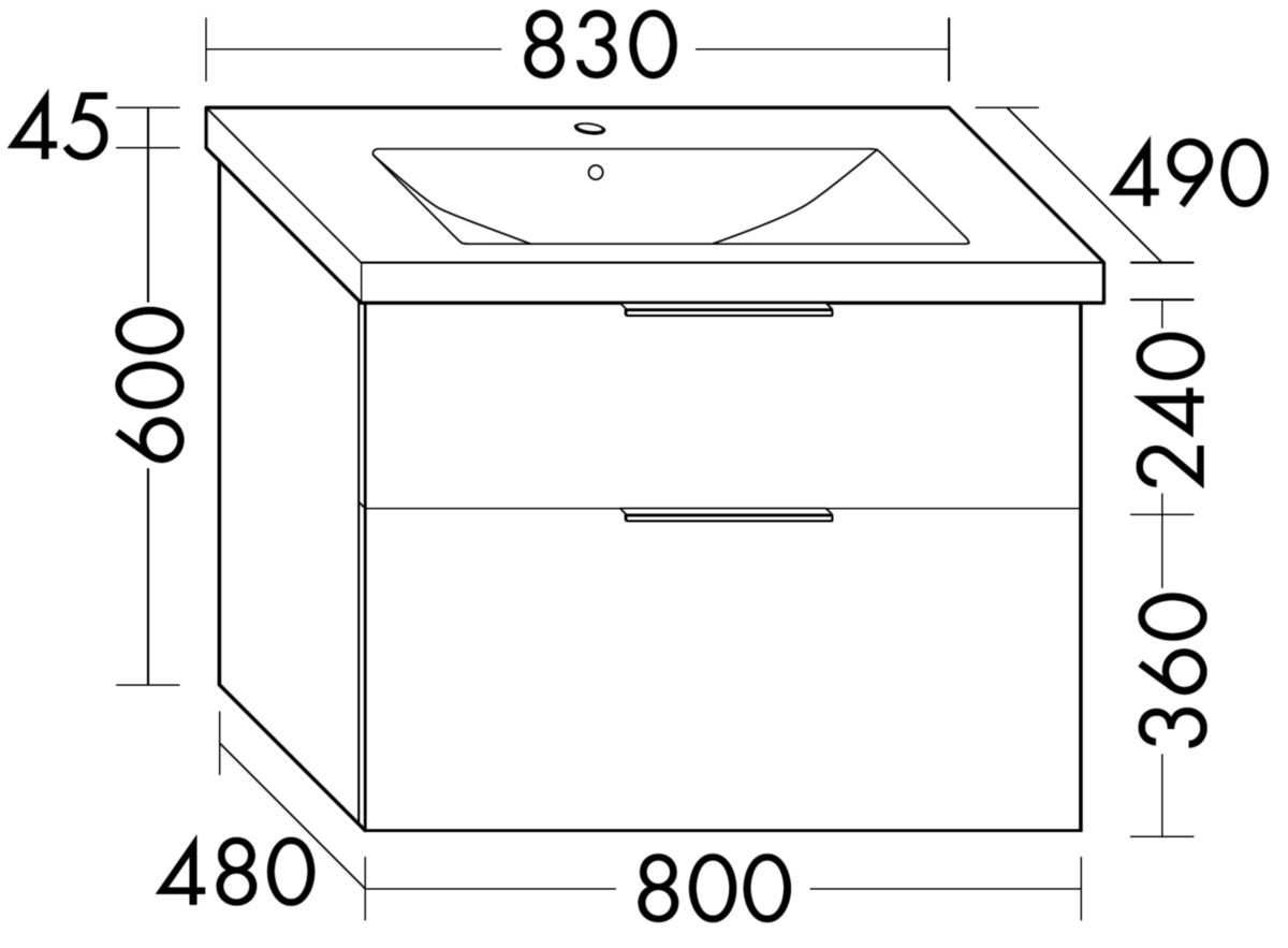 Ensemble EQIO SMART plan de toilette céramique largeur 83 cm avec meuble sous-vasque largeur 80 cm, 2 tiroirs, finition chêne décor cachemire, poignée noir Réf. SFSQ083F3671C0001G0200