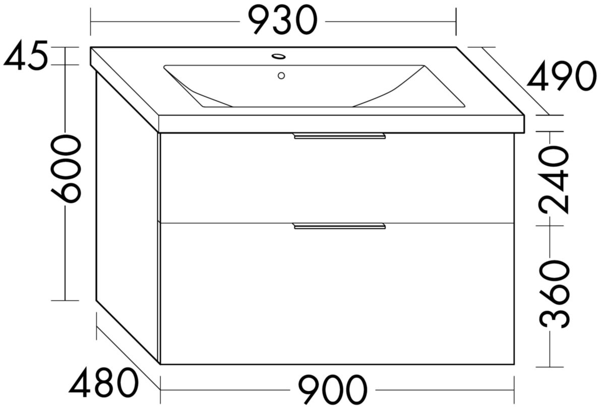 Ensemble EQIO SMART plan de toilette céramique largeur 93 cm avec meuble sous-vasque largeur 90 cm, 2 tiroirs, finition blanc brillant, poignée chromé Réf. SFSQ093F3666C0001G0146