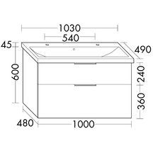 Ensemble EQIO SMART plan de toilette céramique simple vasque 2 trous de robinetterie largeur 103 cm avec meuble sous-vasque largeur 100 cm, 2 tiroirs, finition blanc brillant, poignée chromé Réf. SFSR103F3666C0001G0146