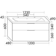 Ensemble EQIO SMART plan de toilette céramique simple vasque 2 trous de robinetterie largeur 123 cm avec meuble sous-vasque largeur 120 cm, 2 tiroirs, finition chêne décor cachemire, poignée noir Réf. SFSR123F3671C0001G0200