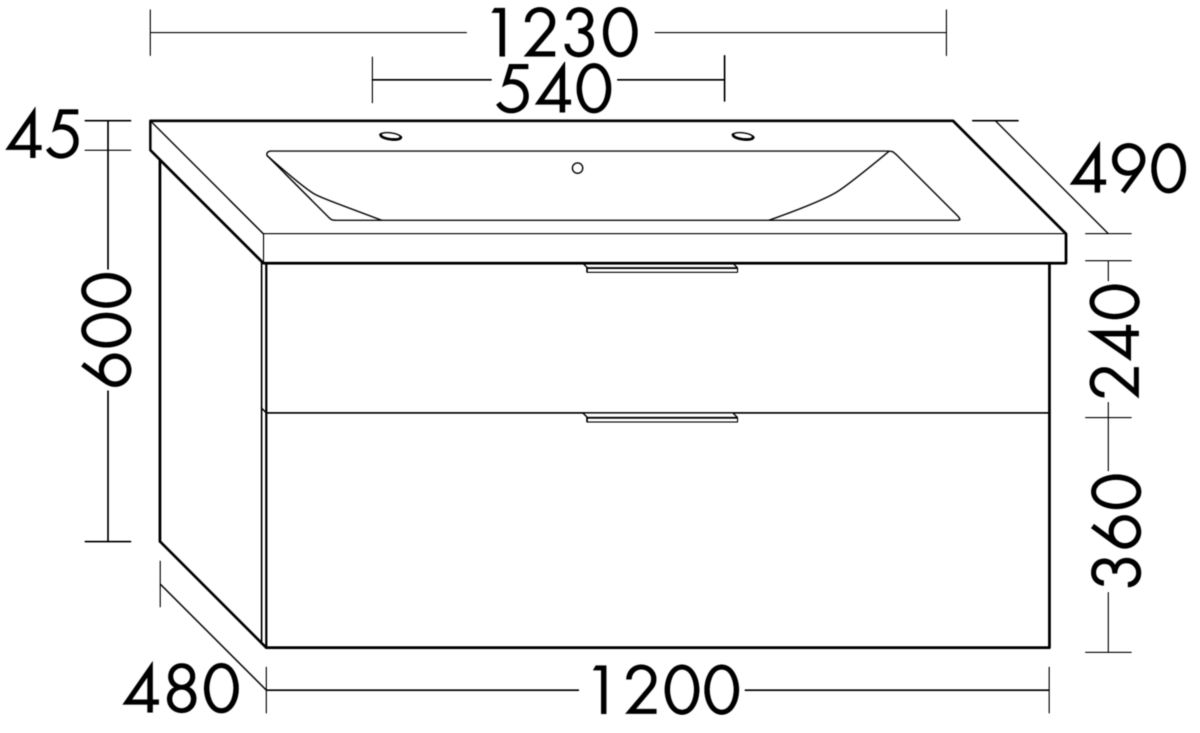 Ensemble EQIO SMART plan de toilette céramique simple vasque 2 trous de robinetterie largeur 123 cm avec meuble sous-vasque largeur 120 cm, 2 tiroirs, finition chêne décor cachemire, poignée noir Réf. SFSR123F3671C0001G0200