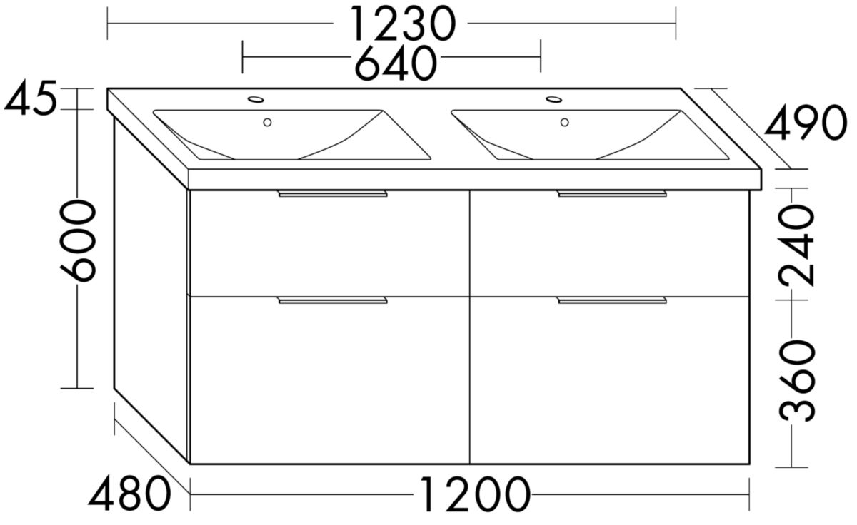 Ensemble EQIO SMART plan de toilette céramique double vasque largeur 123 cm avec meuble sous-vasque largeur 120 cm, 4 tiroirs, finition chêne décor cachemire, poignée chromé Réf. SFST123F3671C0001G0146