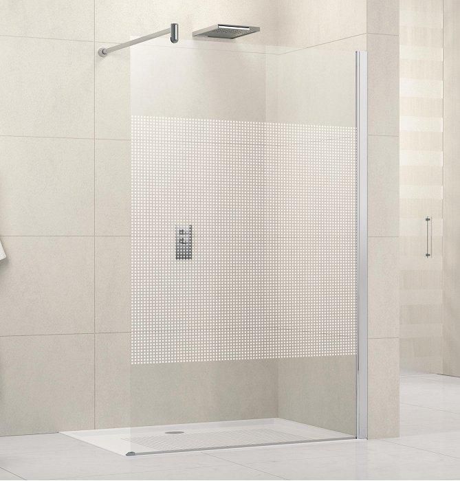 Paroi de douche LUNES H 80 cm extensible 77 cm à 78,5 cm, fixe, avec barre de renfort de 70 cm extensible jusqu'à 100 cm, réversible, en verre sérigraphié quadra et profilé chromé Réf. LUNESH80-14K