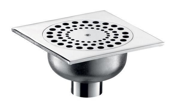 Siphon de sol à encastrer pour salle de douche ou caniveau à pente laiton chromé 140x140 pour garde d'eau 20mm sortie D40 H78mm réf.684000