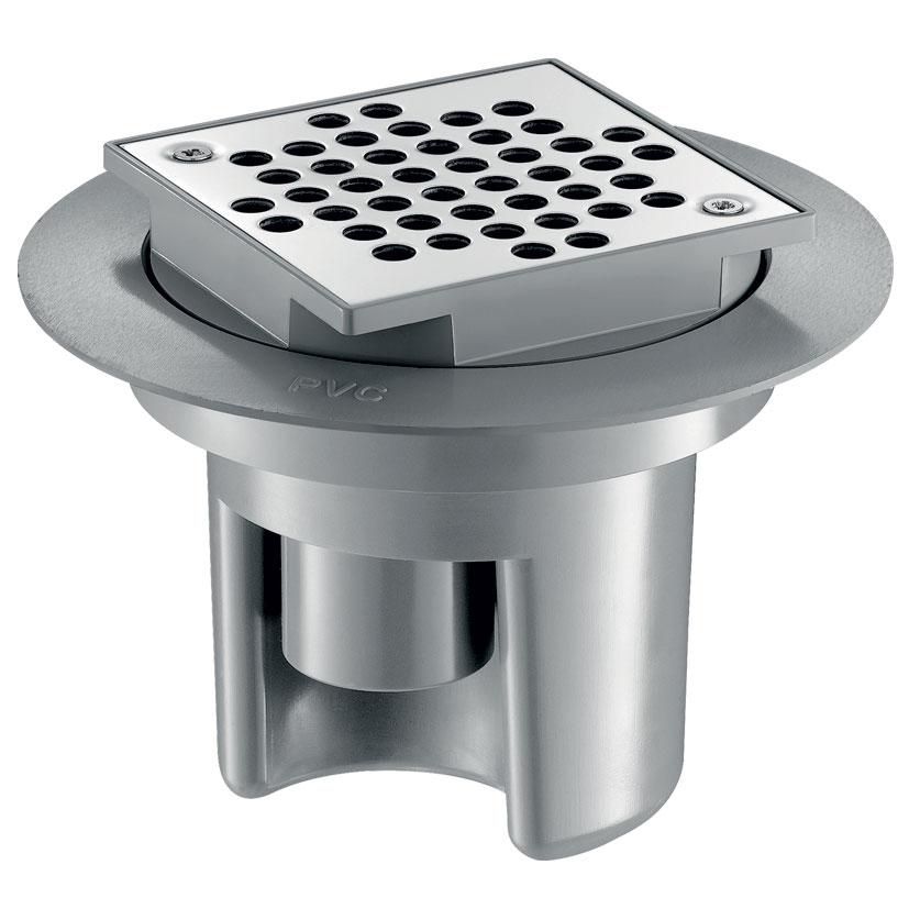 Siphon de sol 100x100 à hauteur réglable jusqu'à 80mm grille inox corps PVC Réf : 682001