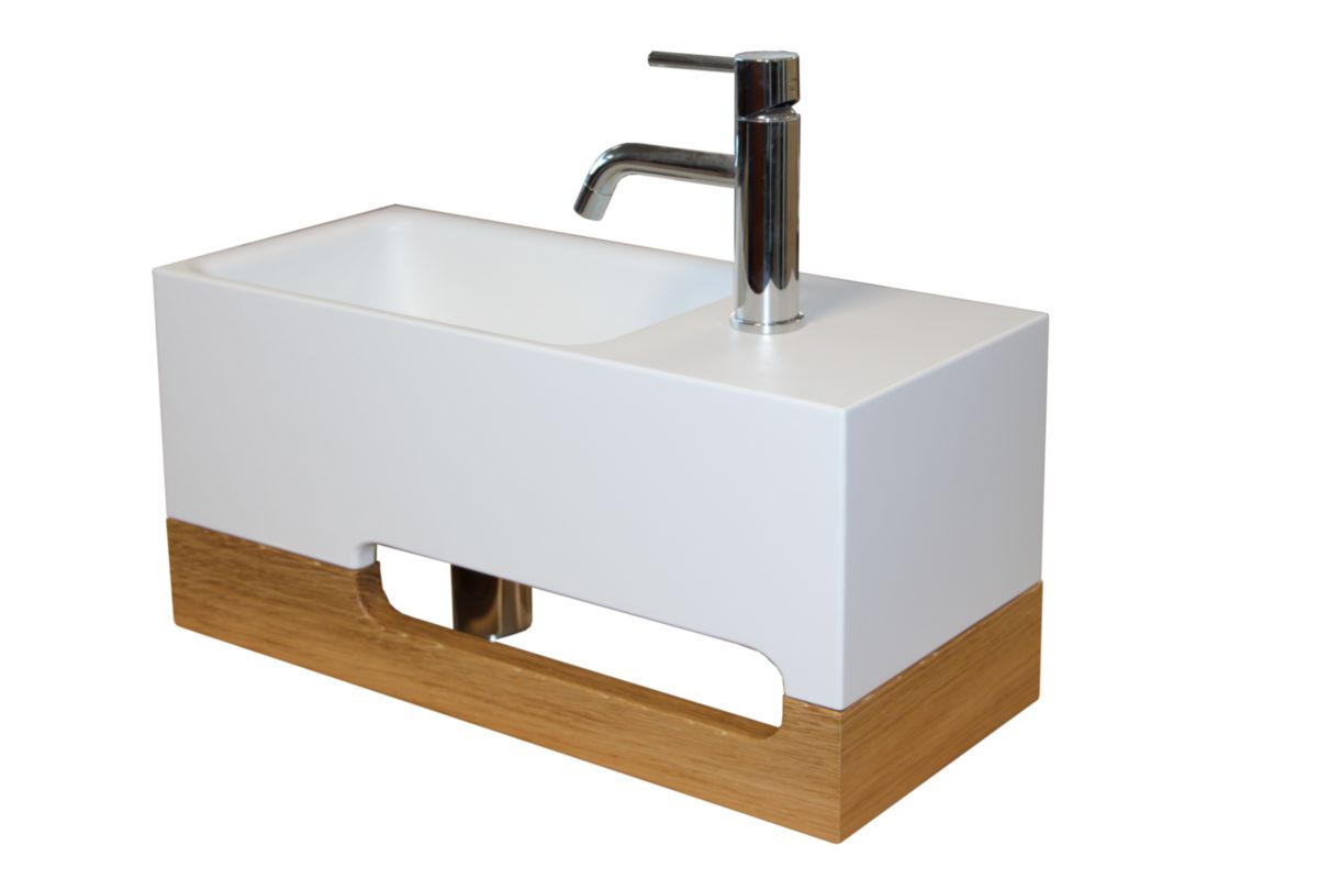 Lave-mains JAPANDI vasque Solid Surface avec plage de pose et porte-serviette chêne massif  réf: 1147301