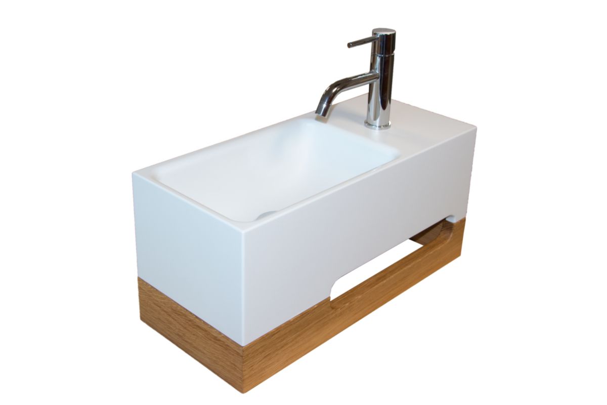 Lave-mains JAPANDI vasque Solid Surface avec plage de pose et porte-serviette chêne massif  réf: 1147301